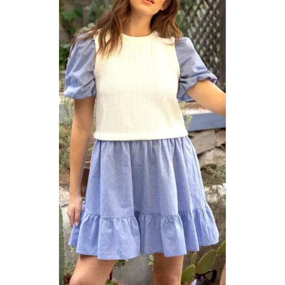 NWT Voy Womens Blue & White Two-Tone Dress W/ Knit Textured Top & Puff Sleeves~S - Picture 1 of 8